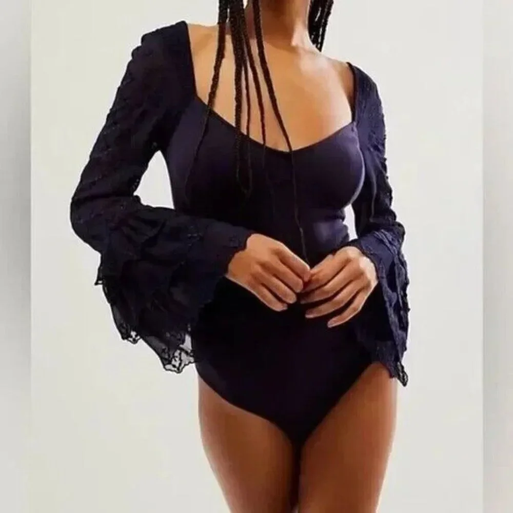 Free People Enchanted By You Bodysuit‎ Womens Medium Navy Ruffle Sleeve V Neck